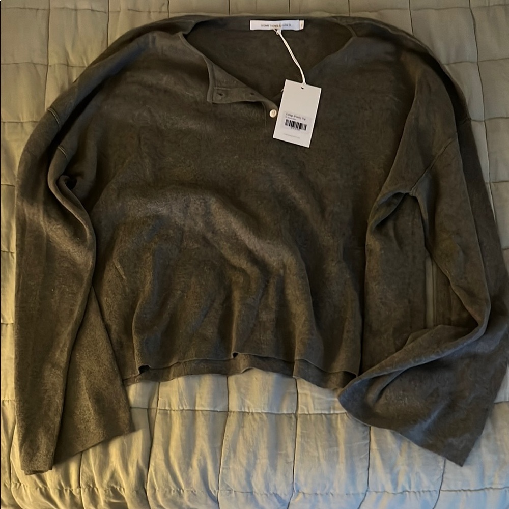 Women's Gray-green Henley Long-Sleeve Top